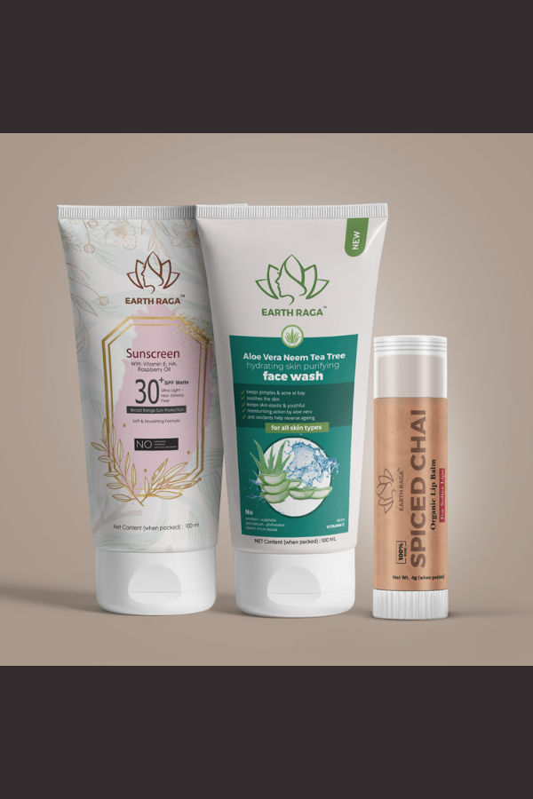 Vitamin E, Hyaluronic Acid (HA) & Raspberry Oil Sunscreen, Aloe Vera Neem Tea Tree Face Wash and Spiced Chai Organic Lip Balm - Super Saver Pack